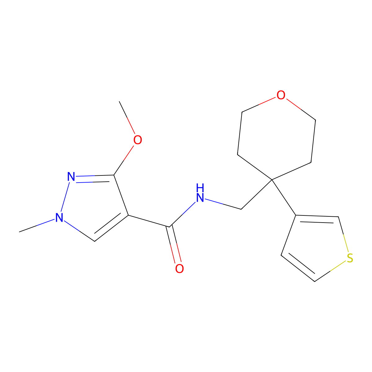 3-methoxy-1-methyl-N-{[4-(thiophen-3-yl)oxan-4-yl]methyl}-1H-pyrazole-4-carboxamide molecular structure, CAS 2320668-51-5