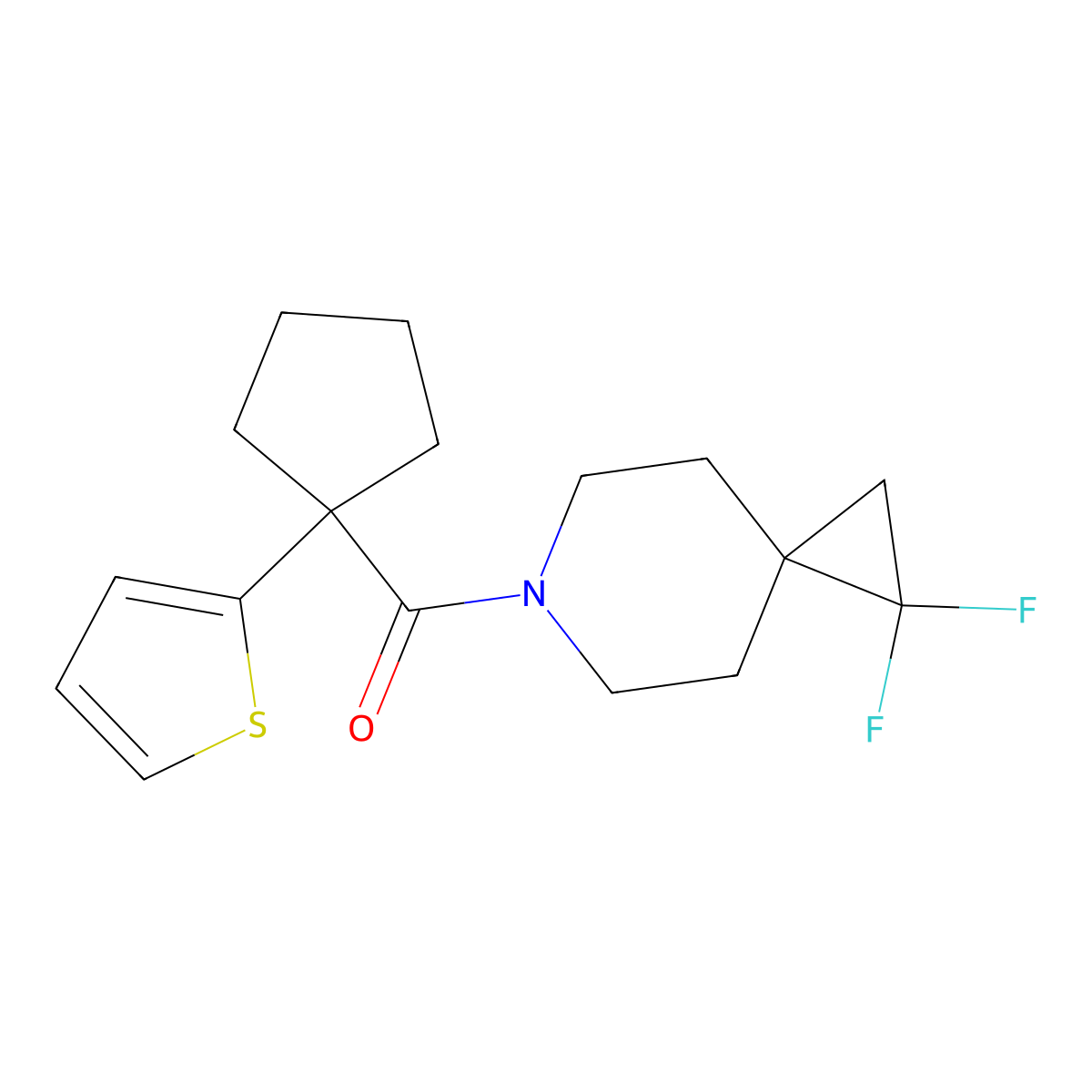 (1,1-Difluoro-6-azaspiro[2.5]octan-6-yl)(1-(thiophen-2-yl)cyclopentyl)methanone molecular structure, CAS 2320668-55-9