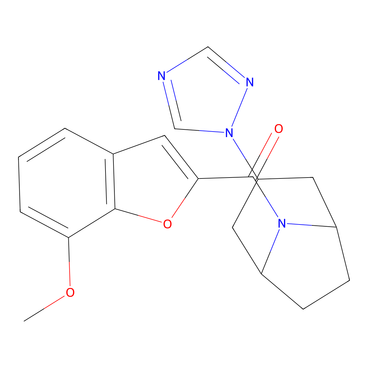 8-(7-methoxy-1-benzofuran-2-carbonyl)-3-(1H-1,2,4-triazol-1-yl)-8-azabicyclo[3.2.1]octane molecular structure, CAS 2320680-04-2