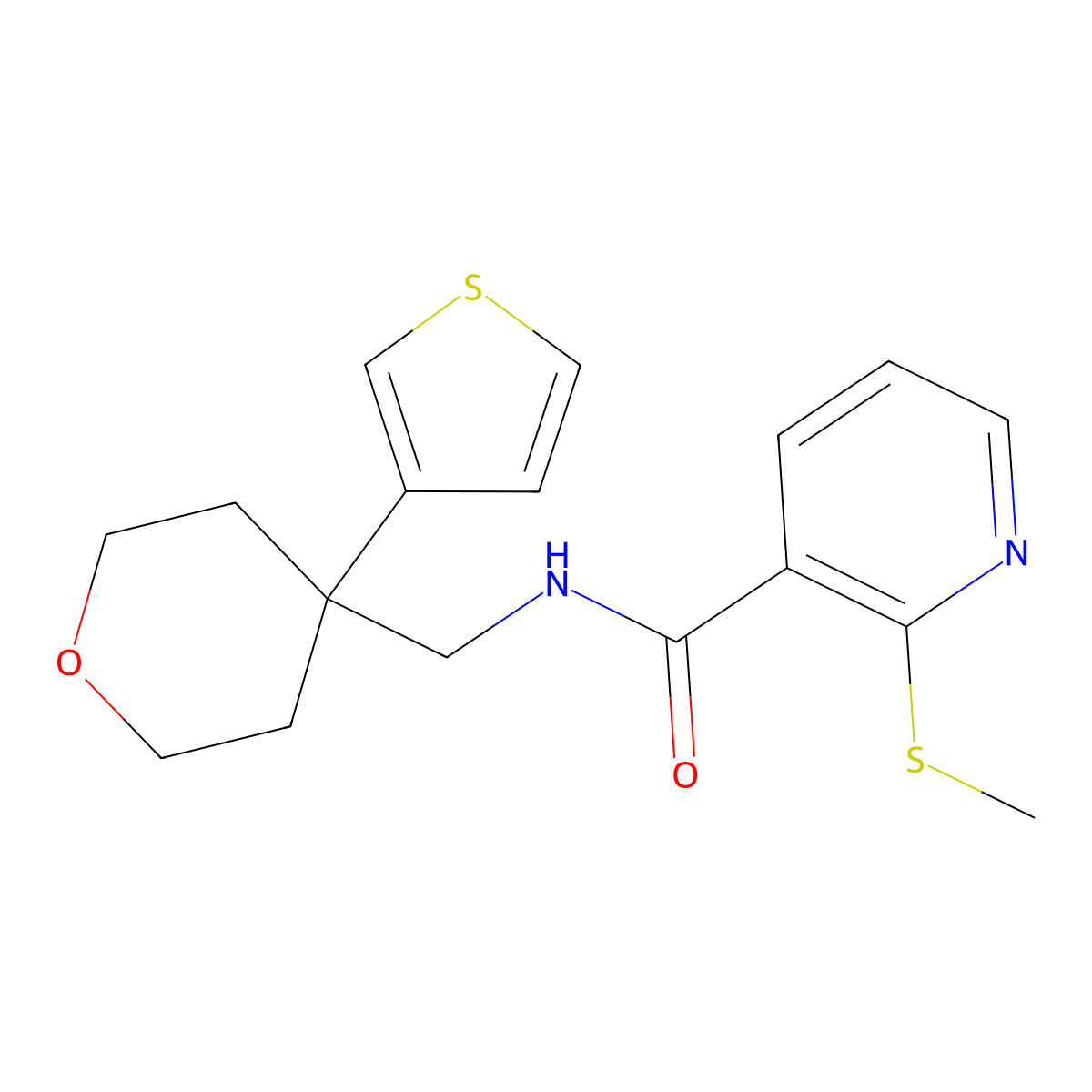 2-(methylsulfanyl)-N-{[4-(thiophen-3-yl)oxan-4-yl]methyl}pyridine-3-carboxamide molecular structure, CAS 2320680-25-7