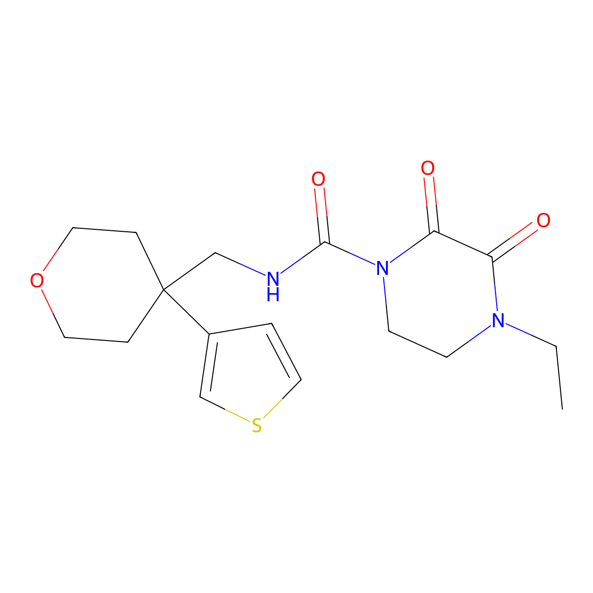 4-ethyl-2,3-dioxo-N-{[4-(thiophen-3-yl)oxan-4-yl]methyl}piperazine-1-carboxamide molecular structure, CAS 2320680-96-2