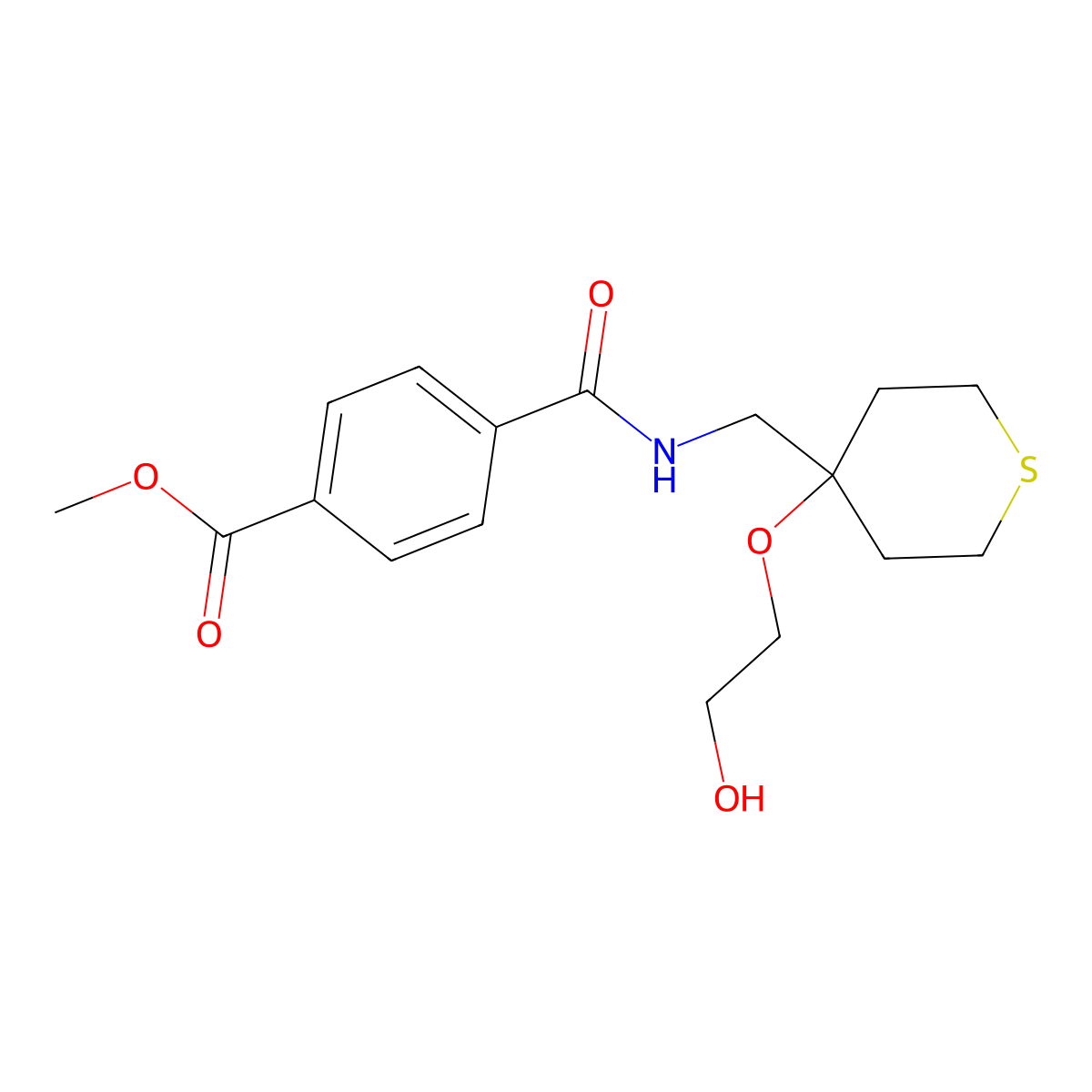 methyl 4-(((4-(2-hydroxyethoxy)tetrahydro-2H-thiopyran-4-yl)methyl)carbamoyl)benzoate molecular structure, CAS 2320681-76-1