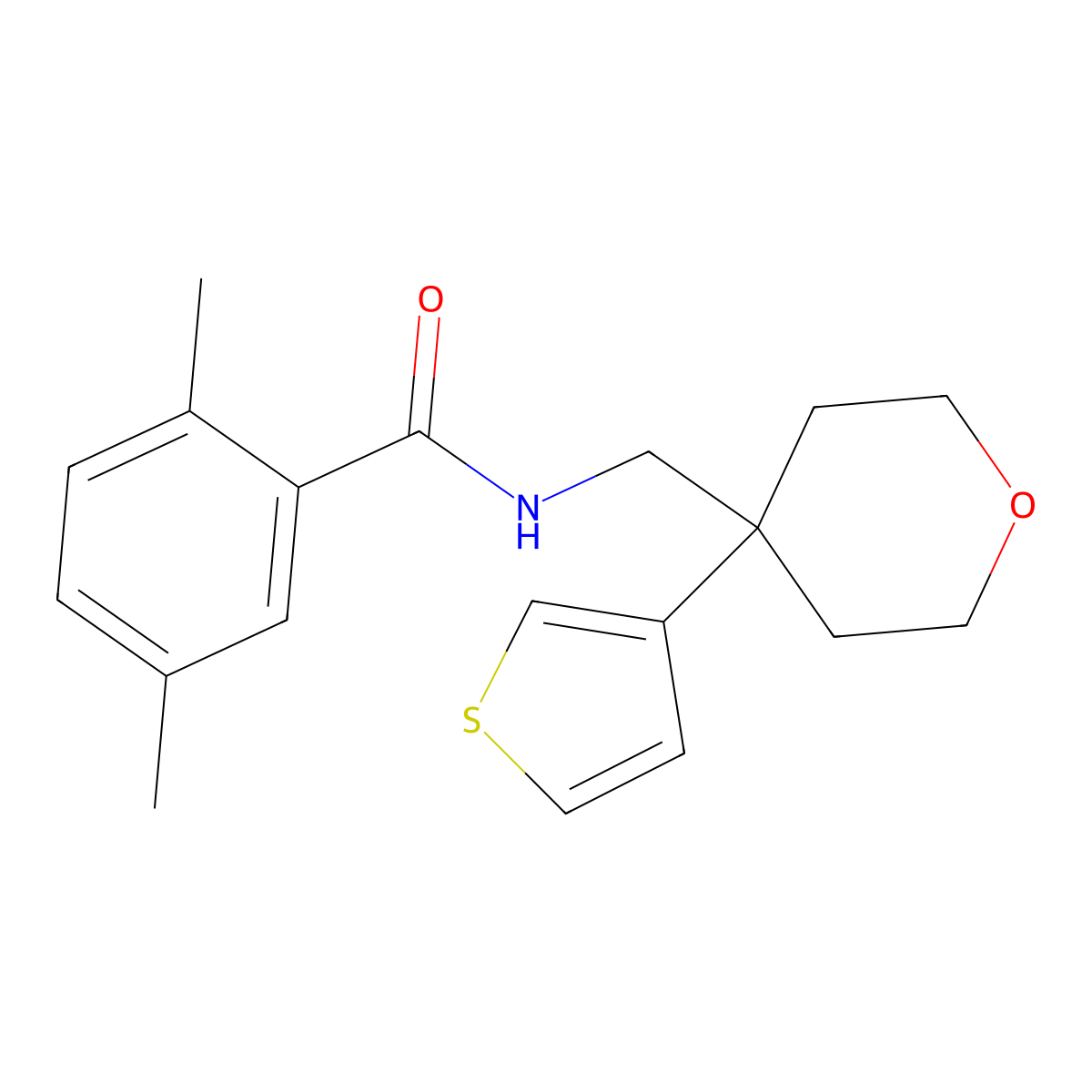 2,5-dimethyl-N-((4-(thiophen-3-yl)tetrahydro-2H-pyran-4-yl)methyl)benzamide molecular structure, CAS 2320682-36-6