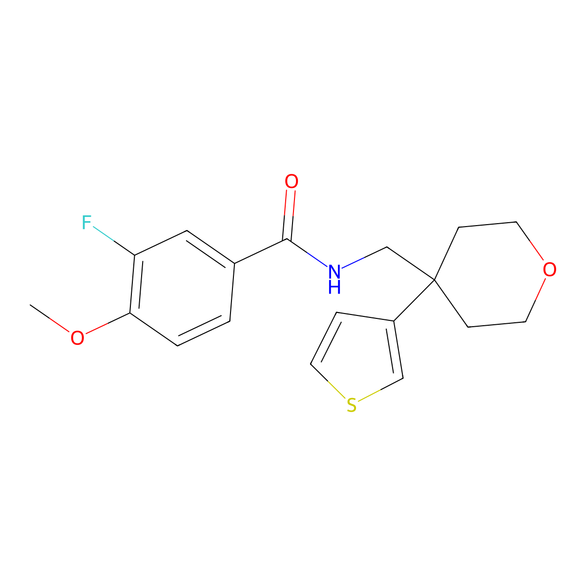 3-fluoro-4-methoxy-N-((4-(thiophen-3-yl)tetrahydro-2H-pyran-4-yl)methyl)benzamide molecular structure, CAS 2320682-54-8