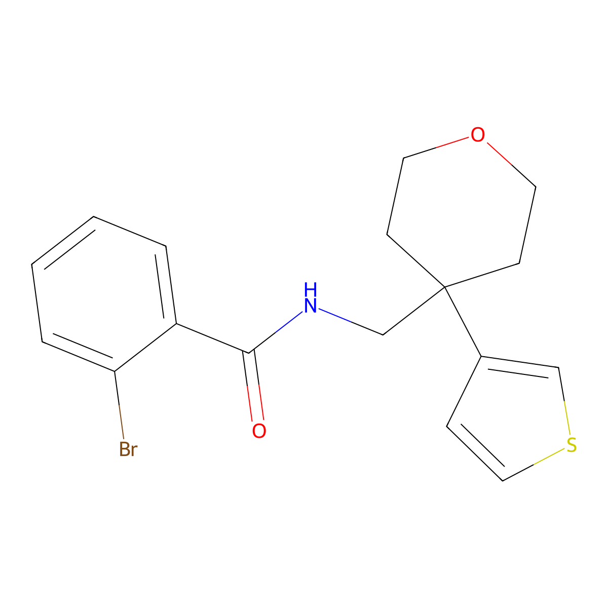 2-bromo-N-{[4-(thiophen-3-yl)oxan-4-yl]methyl}benzamide molecular structure, CAS 2320682-75-3