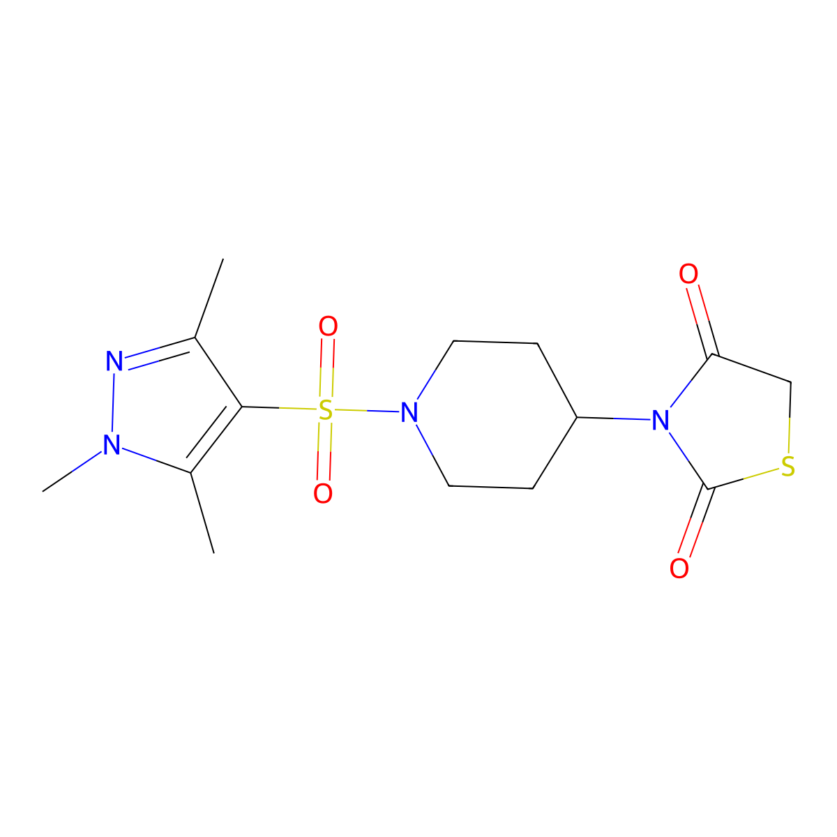 3-(1-((1,3,5-trimethyl-1H-pyrazol-4-yl)sulfonyl)piperidin-4-yl)thiazolidine-2,4-dione molecular structure, CAS 2320683-30-3