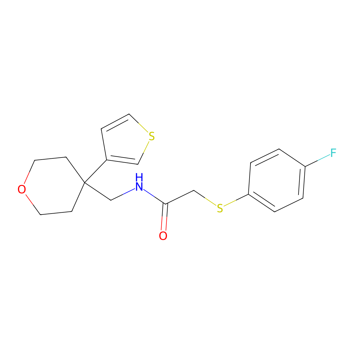 2-[(4-fluorophenyl)sulfanyl]-N-{[4-(thiophen-3-yl)oxan-4-yl]methyl}acetamide molecular structure, CAS 2320683-37-0