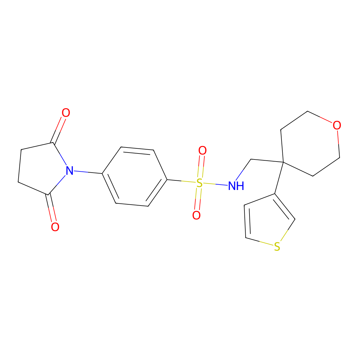 4-(2,5-dioxopyrrolidin-1-yl)-N-{[4-(thiophen-3-yl)oxan-4-yl]methyl}benzene-1-sulfonamide molecular structure, CAS 2320683-38-1