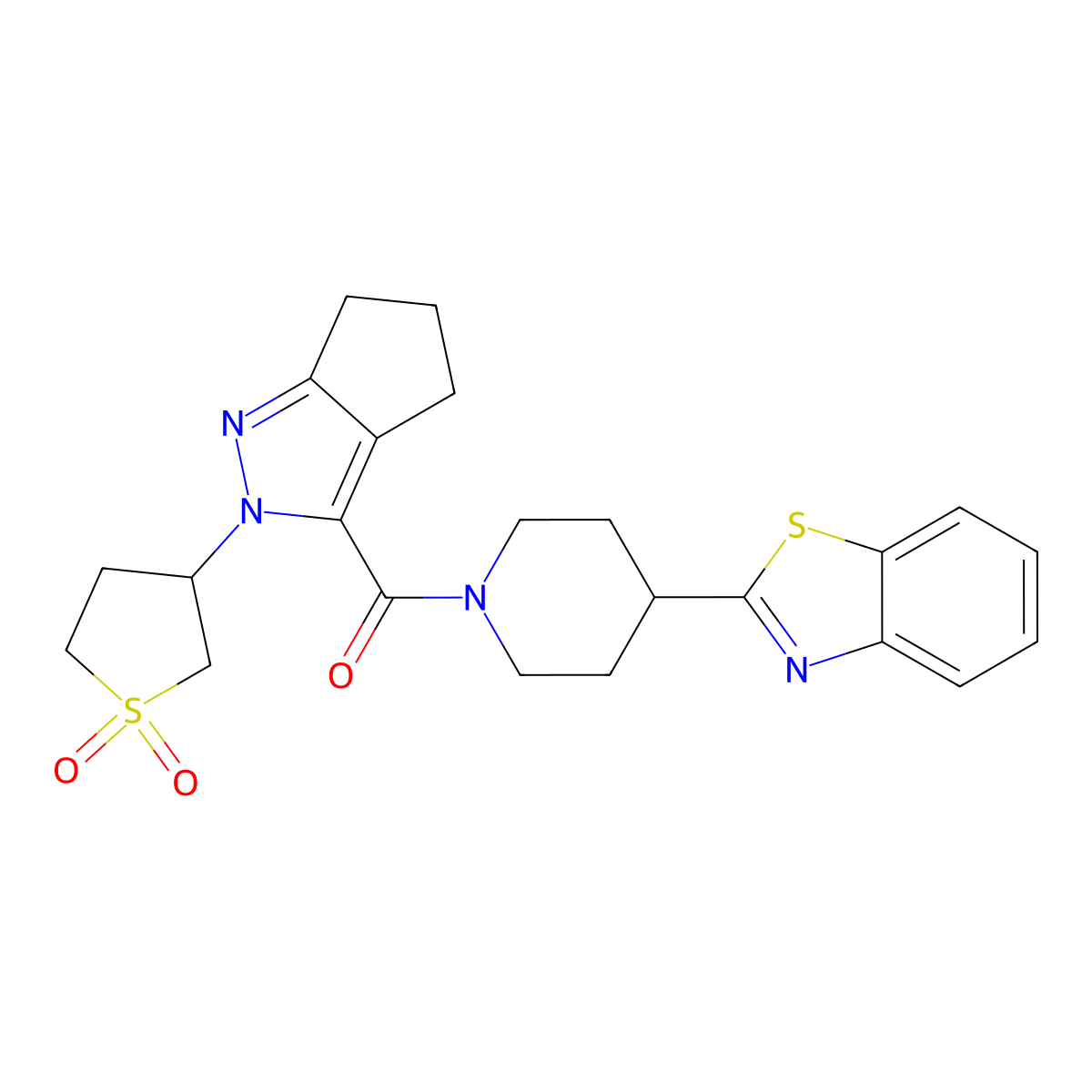 (4-(Benzo[d]thiazol-2-yl)piperidin-1-yl)(2-(1,1-dioxidotetrahydrothiophen-3-yl)-2,4,5,6-tetrahydrocyclopenta[c]pyrazol-3-yl)methanone molecular structure, CAS 2320683-45-0