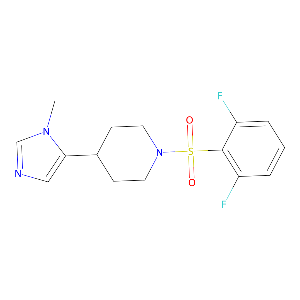 1-(2,6-difluorobenzenesulfonyl)-4-(1-methyl-1H-imidazol-5-yl)piperidine molecular structure, CAS 2320683-52-9