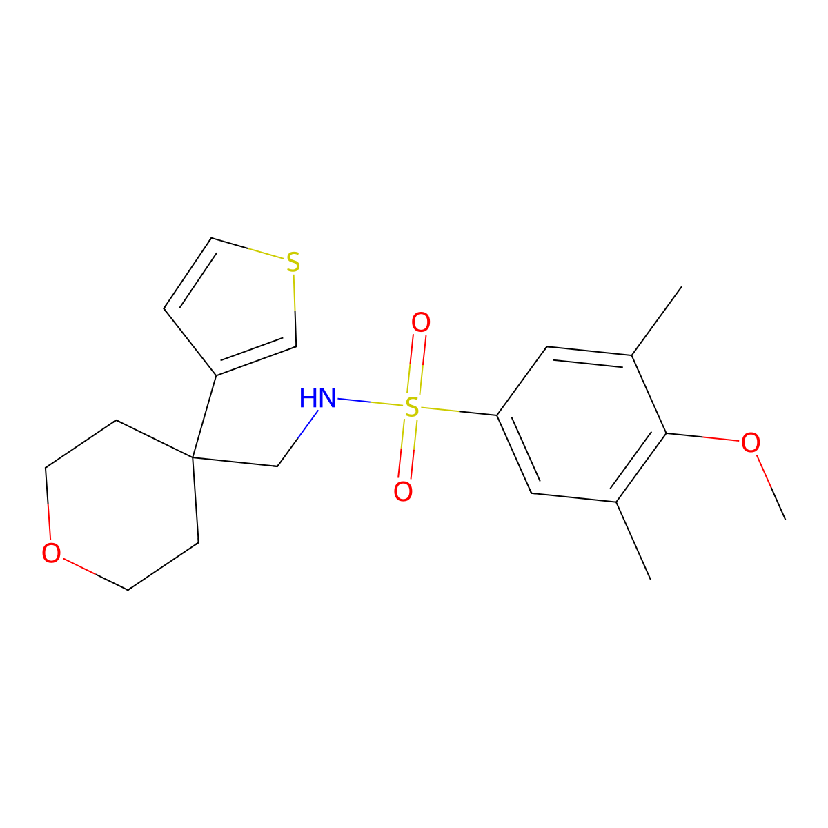 4-methoxy-3,5-dimethyl-N-{[4-(thiophen-3-yl)oxan-4-yl]methyl}benzene-1-sulfonamide molecular structure, CAS 2320683-67-6