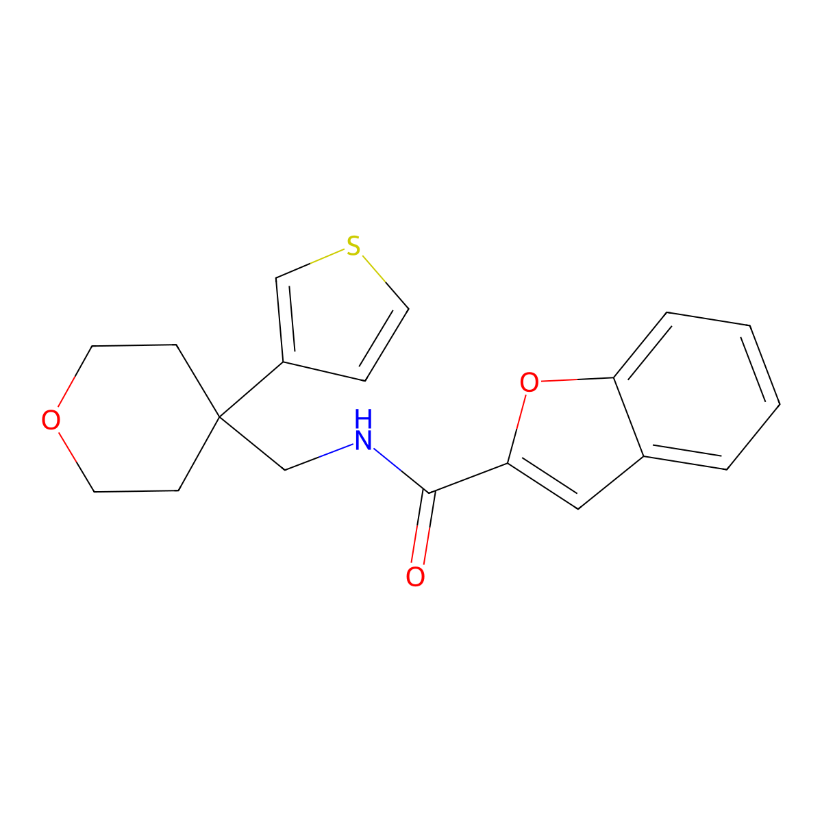 N-{[4-(thiophen-3-yl)oxan-4-yl]methyl}-1-benzofuran-2-carboxamide molecular structure, CAS 2320683-89-2