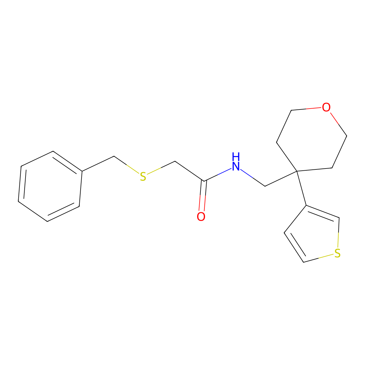 2-(benzylsulfanyl)-N-{[4-(thiophen-3-yl)oxan-4-yl]methyl}acetamide molecular structure, CAS 2320683-96-1