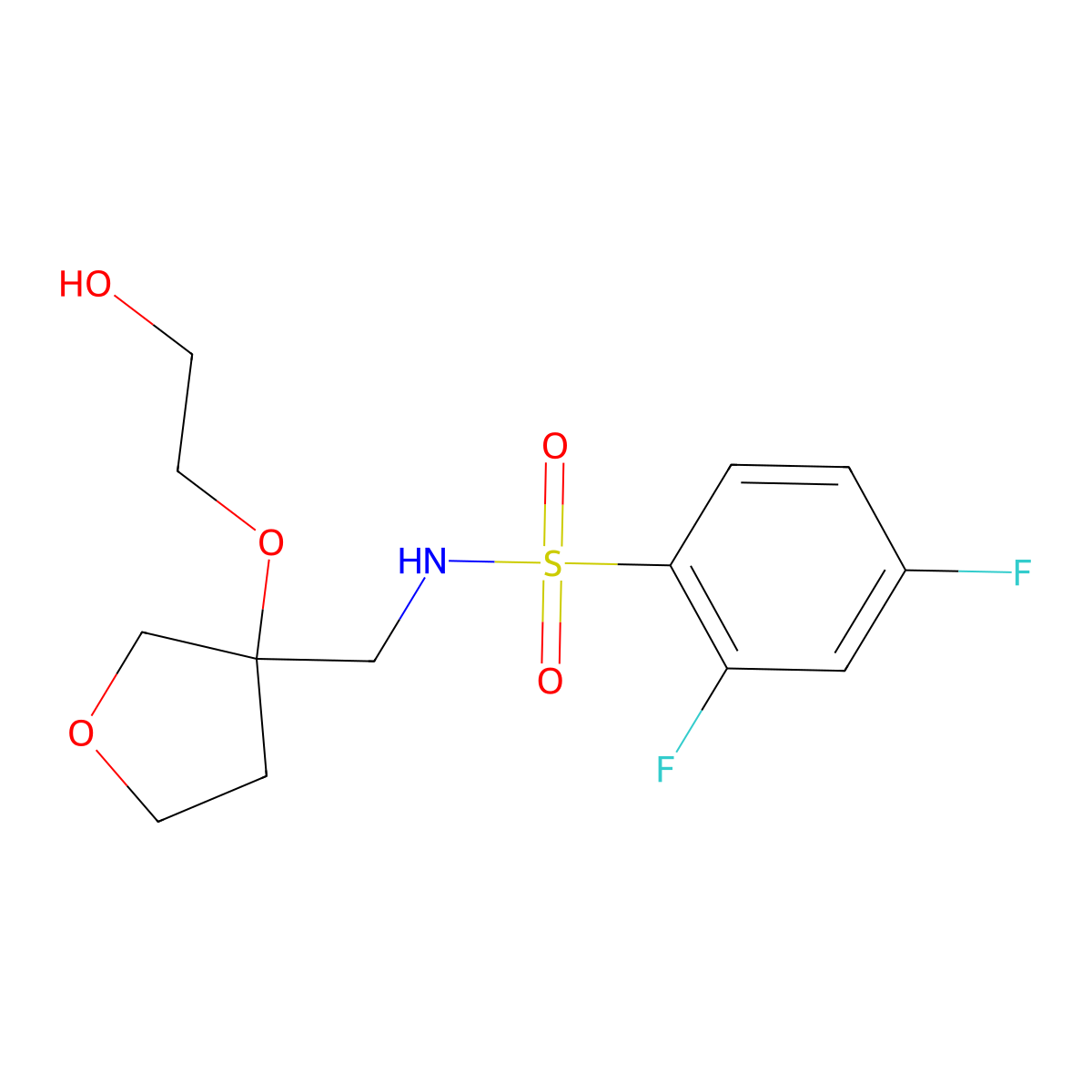 2,4-difluoro-N-((3-(2-hydroxyethoxy)tetrahydrofuran-3-yl)methyl)benzenesulfonamide molecular structure, CAS 2320684-23-7