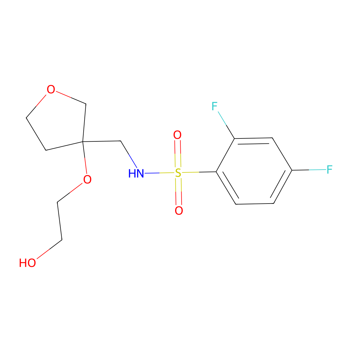 2,4-difluoro-N-((3-(2-hydroxyethoxy)tetrahydrofuran-3-yl)methyl)benzenesulfonamide molecular structure, CAS 2320684-23-7