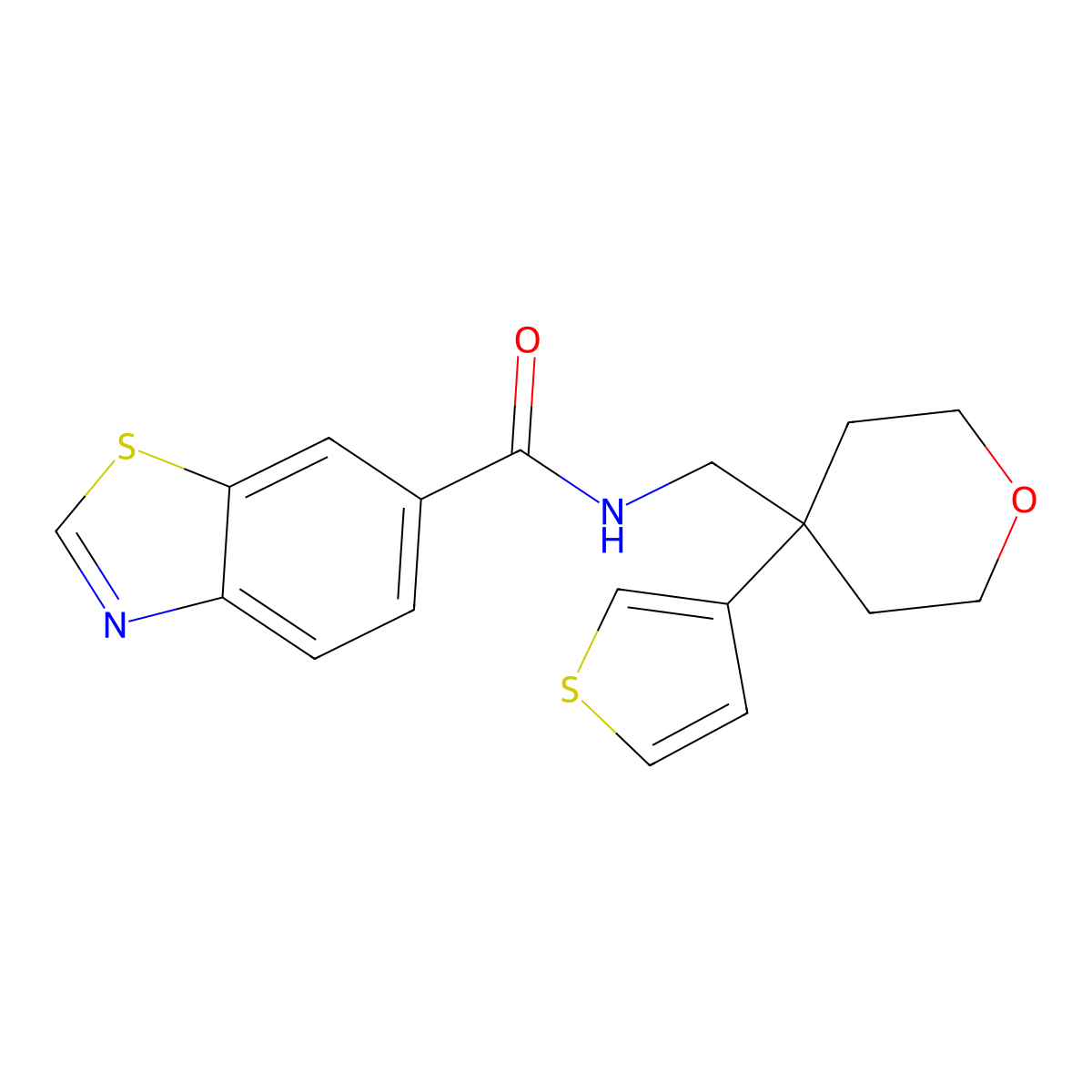 N-((4-(thiophen-3-yl)tetrahydro-2H-pyran-4-yl)methyl)benzo[d]thiazole-6-carboxamide molecular structure, CAS 2320684-28-2