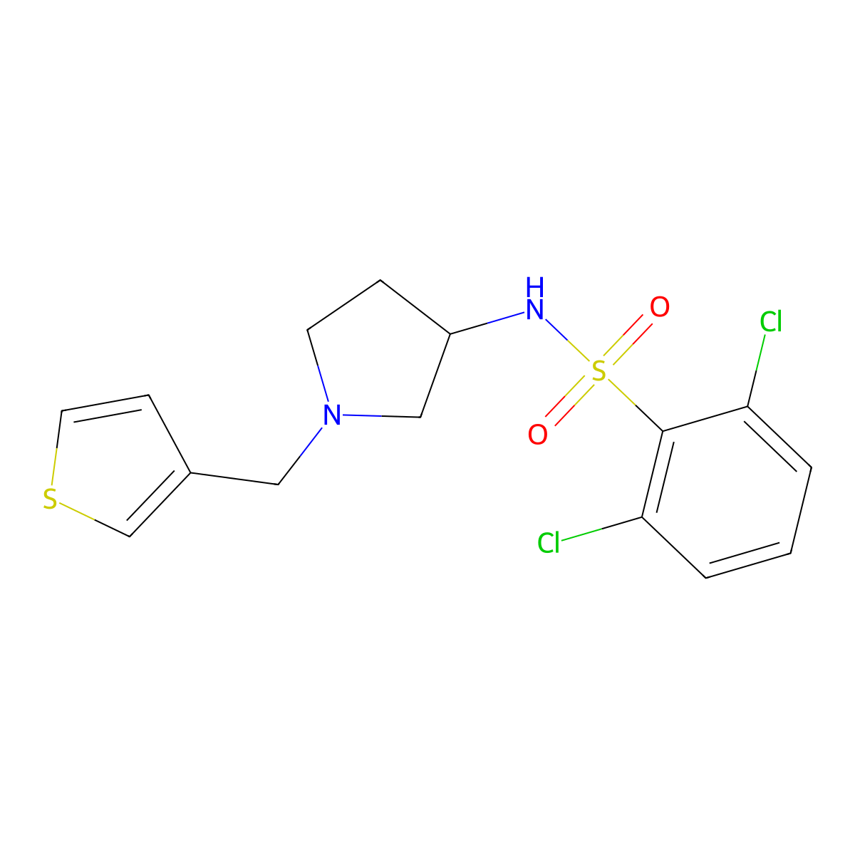 2,6-dichloro-N-(1-(thiophen-3-ylmethyl)pyrrolidin-3-yl)benzenesulfonamide molecular structure, CAS 2320684-56-6