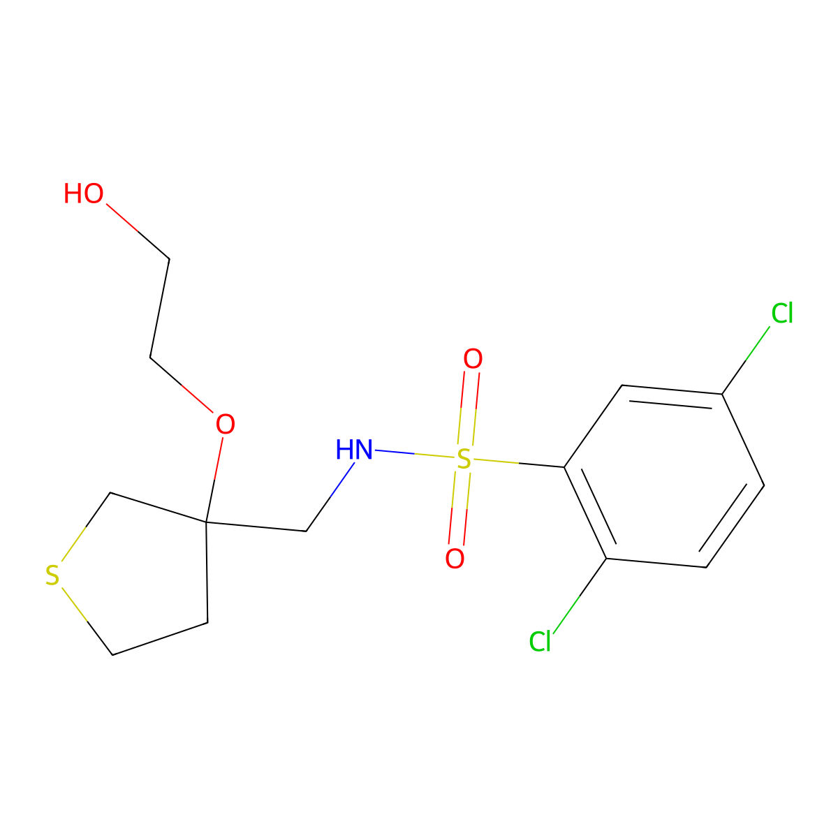 2,5-dichloro-N-((3-(2-hydroxyethoxy)tetrahydrothiophen-3-yl)methyl)benzenesulfonamide molecular structure, CAS 2320685-04-7