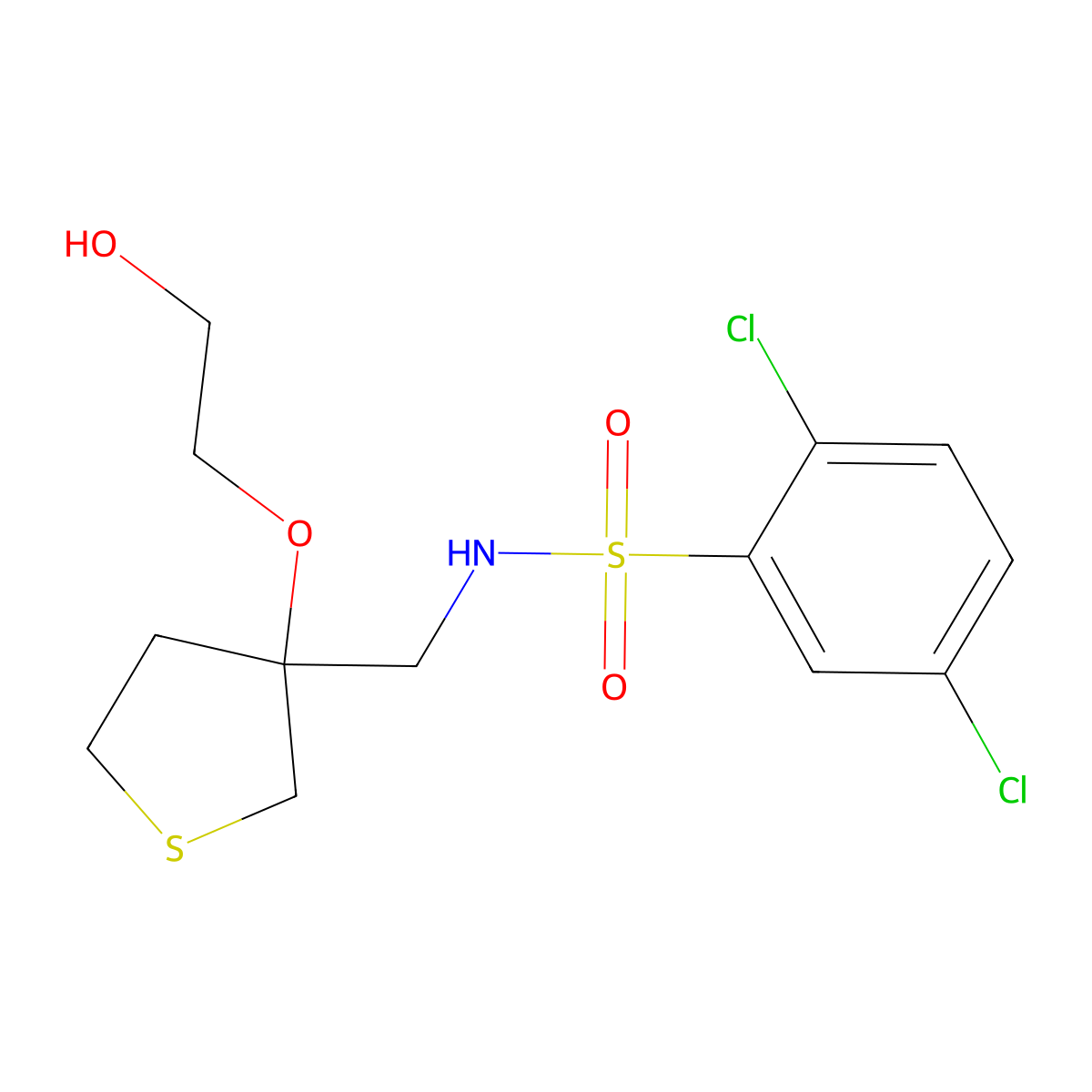 2,5-dichloro-N-((3-(2-hydroxyethoxy)tetrahydrothiophen-3-yl)methyl)benzenesulfonamide molecular structure, CAS 2320685-04-7