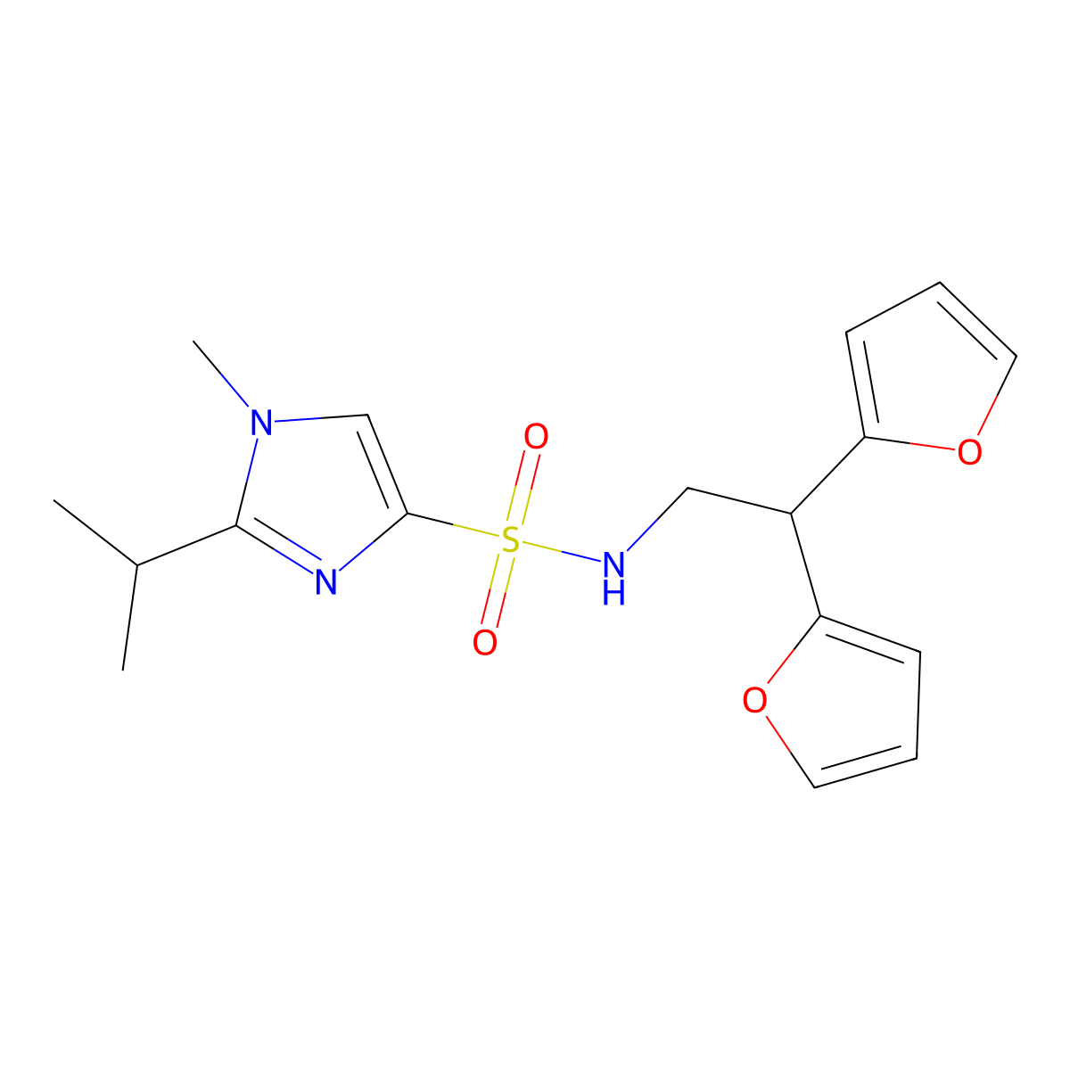 N-(2,2-di(furan-2-yl)ethyl)-2-isopropyl-1-methyl-1H-imidazole-4-sulfonamide molecular structure, CAS 2320685-05-8
