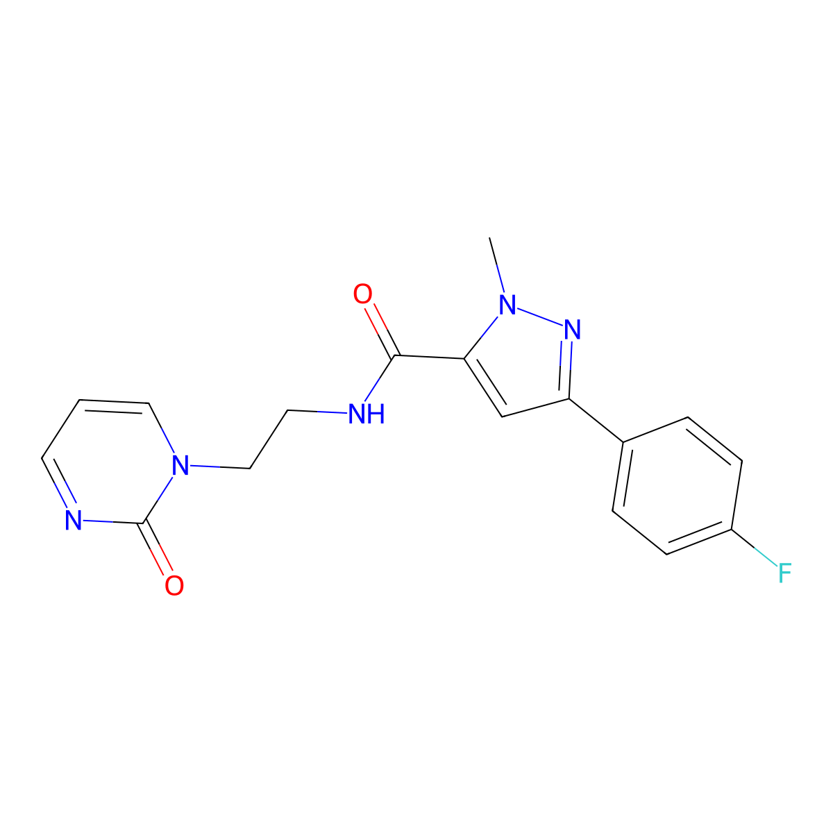 3-(4-fluorophenyl)-1-methyl-N-[2-(2-oxo-1,2-dihydropyrimidin-1-yl)ethyl]-1H-pyrazole-5-carboxamide molecular structure, CAS 2320685-84-3