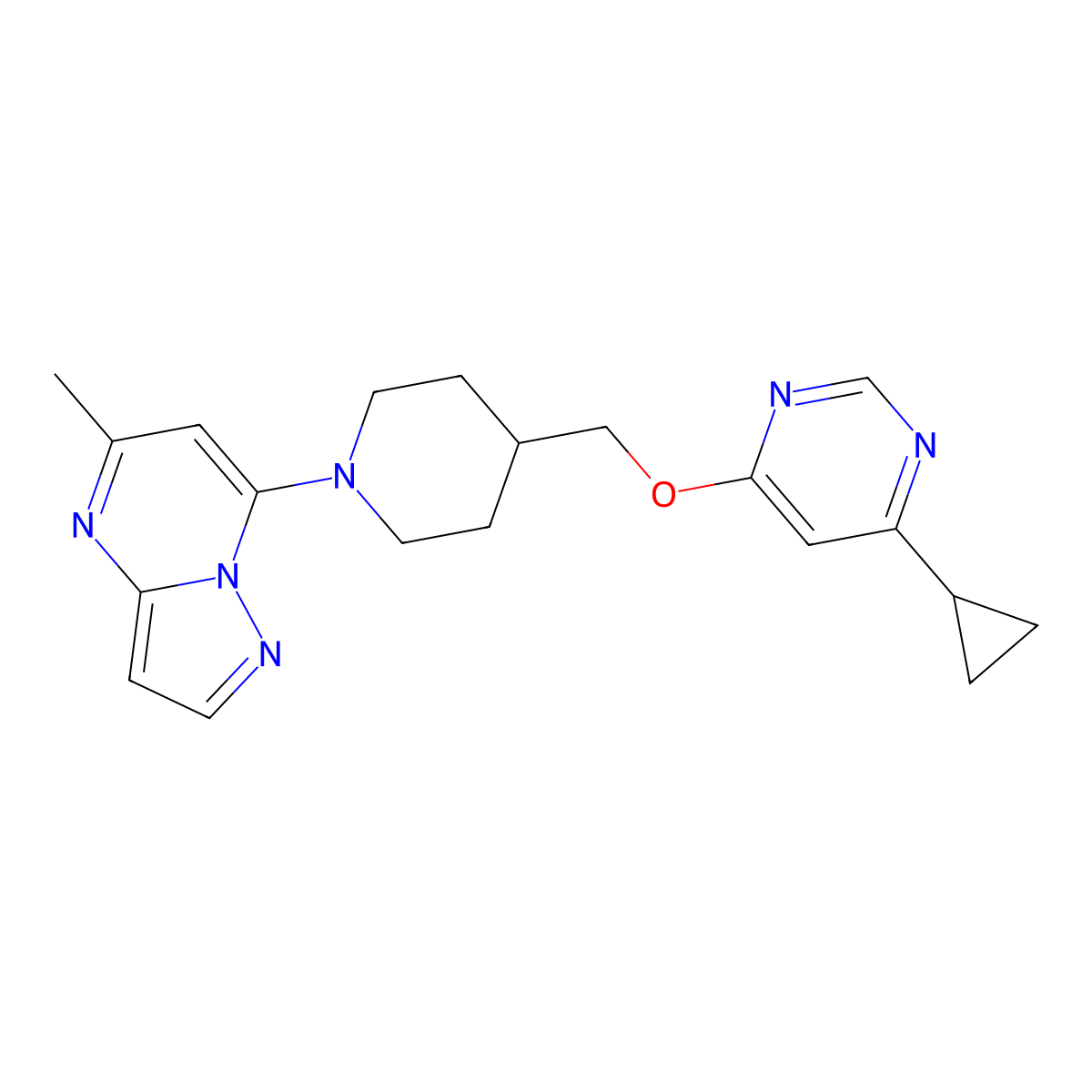 4-Cyclopropyl-6-[(1-{5-methylpyrazolo[1,5-a]pyrimidin-7-yl}piperidin-4-yl)methoxy]pyrimidine molecular structure, CAS 2320685-91-2