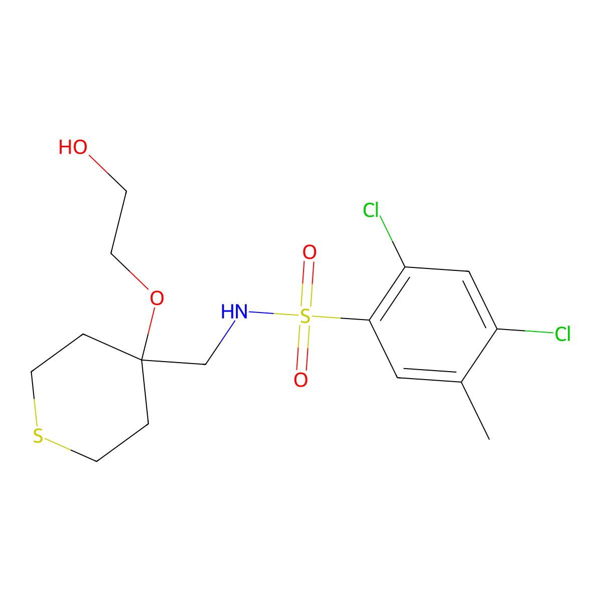 2,4-dichloro-N-((4-(2-hydroxyethoxy)tetrahydro-2H-thiopyran-4-yl)methyl)-5-methylbenzenesulfonamide molecular structure, CAS 2320686-06-2