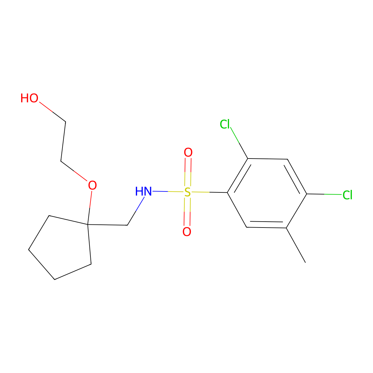 2,4-dichloro-N-((1-(2-hydroxyethoxy)cyclopentyl)methyl)-5-methylbenzenesulfonamide molecular structure, CAS 2320686-16-4