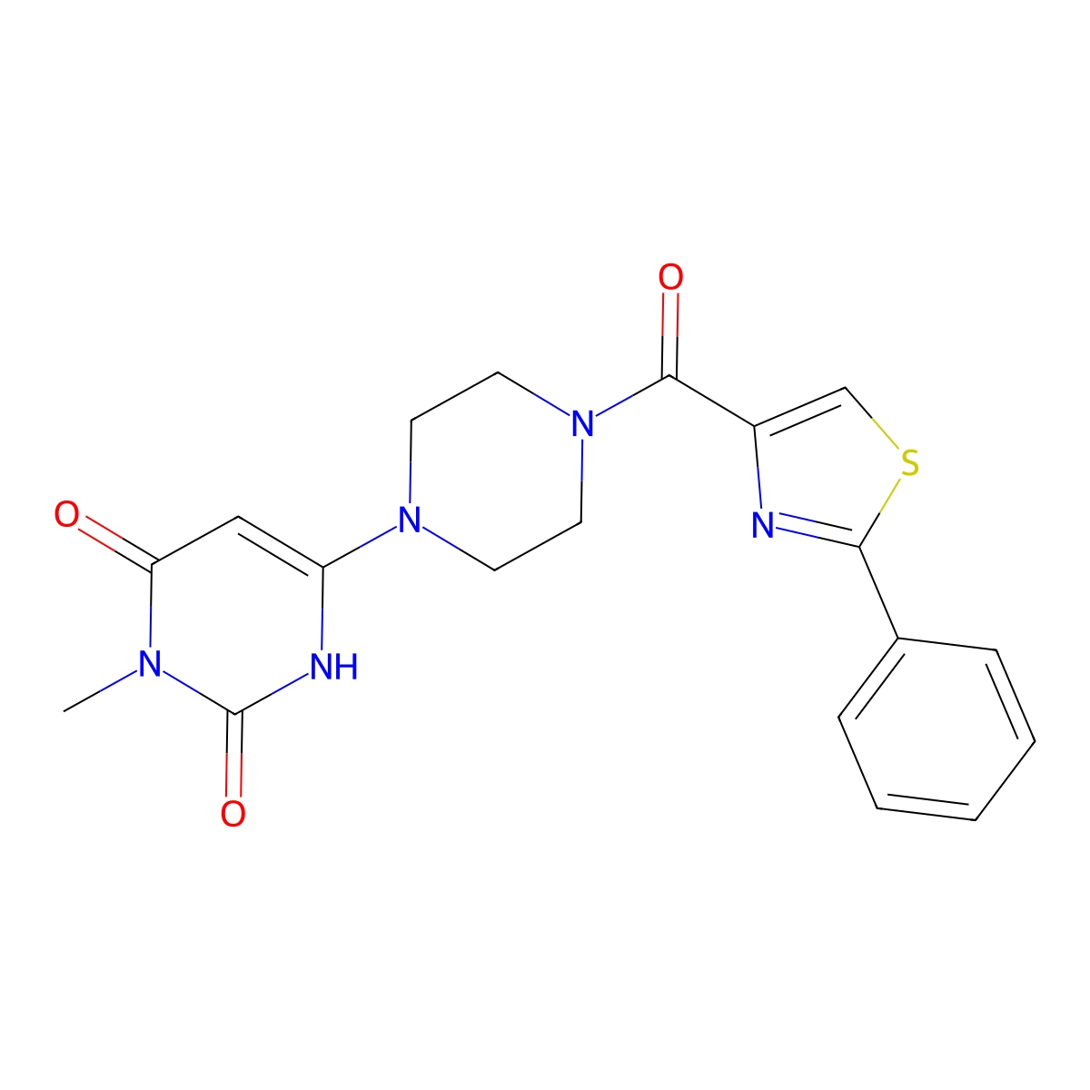 3-methyl-6-(4-(2-phenylthiazole-4-carbonyl)piperazin-1-yl)pyrimidine-2,4(1H,3H)-dione molecular structure, CAS 2320686-28-8