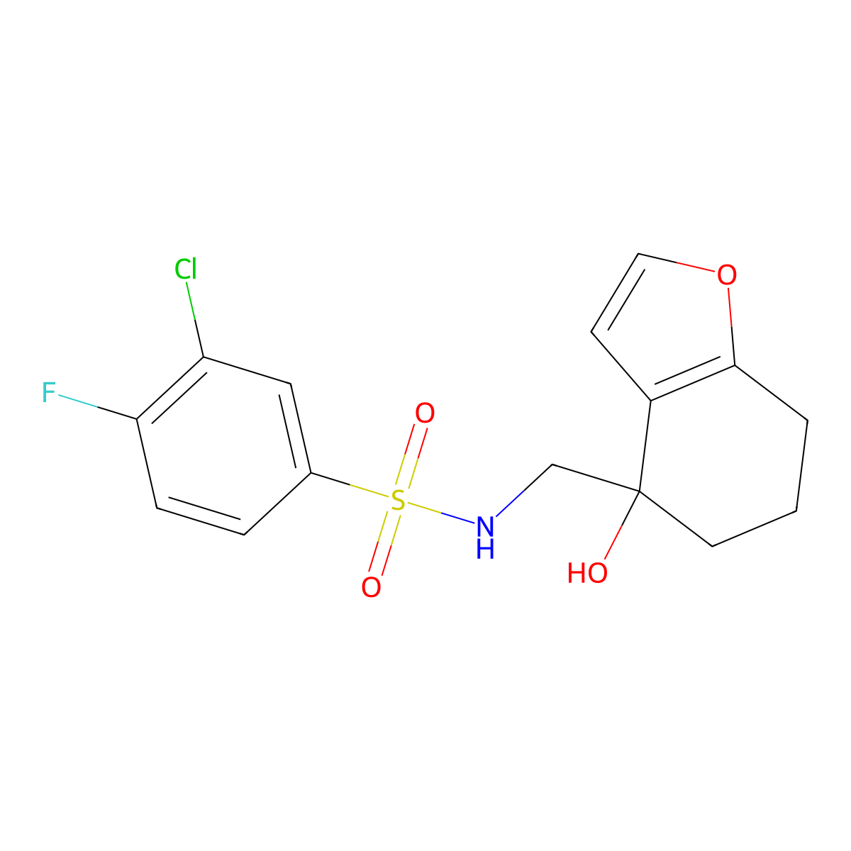 3-chloro-4-fluoro-N-[(4-hydroxy-4,5,6,7-tetrahydro-1-benzofuran-4-yl)methyl]benzene-1-sulfonamide molecular structure, CAS 2320686-29-9