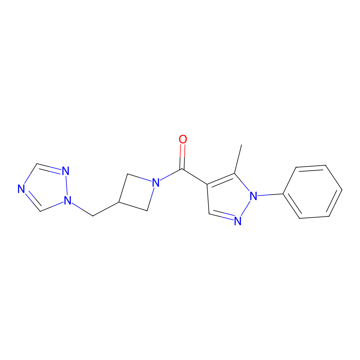 (3-((1H-1,2,4-triazol-1-yl)methyl)azetidin-1-yl)(5-methyl-1-phenyl-1H-pyrazol-4-yl)methanone molecular structure, CAS 2320686-40-4