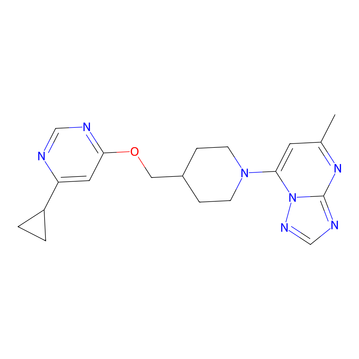 4-Cyclopropyl-6-[(1-{5-methyl-[1,2,4]triazolo[1,5-a]pyrimidin-7-yl}piperidin-4-yl)methoxy]pyrimidine molecular structure, CAS 2320686-47-1