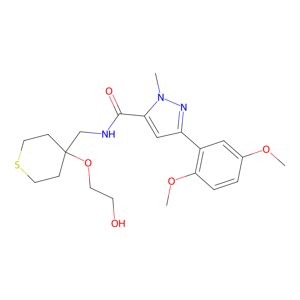 3-(2,5-dimethoxyphenyl)-N-{[4-(2-hydroxyethoxy)thian-4-yl]methyl}-1-methyl-1H-pyrazole-5-carboxamide molecular structure, CAS 2320686-50-6