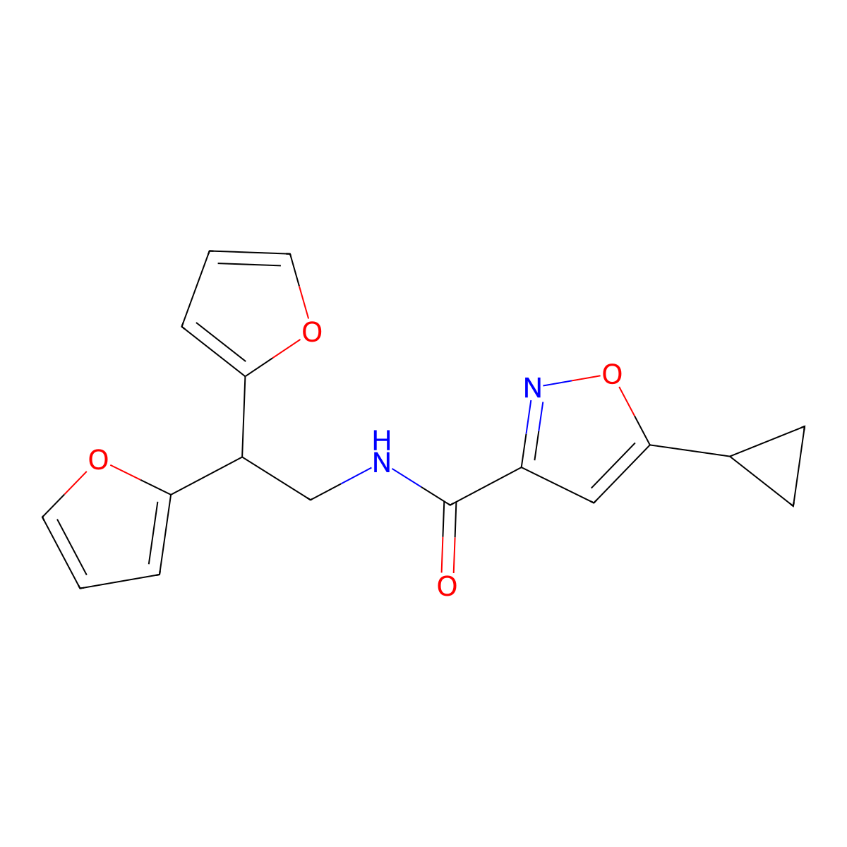 N-[2,2-bis(furan-2-yl)ethyl]-5-cyclopropyl-1,2-oxazole-3-carboxamide molecular structure, CAS 2320686-68-6