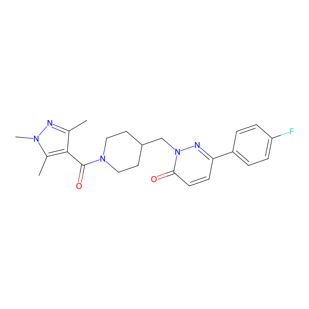 6-(4-fluorophenyl)-2-{[1-(1,3,5-trimethyl-1H-pyrazole-4-carbonyl)piperidin-4-yl]methyl}-2,3-dihydropyridazin-3-one molecular structure, CAS 2320686-96-0