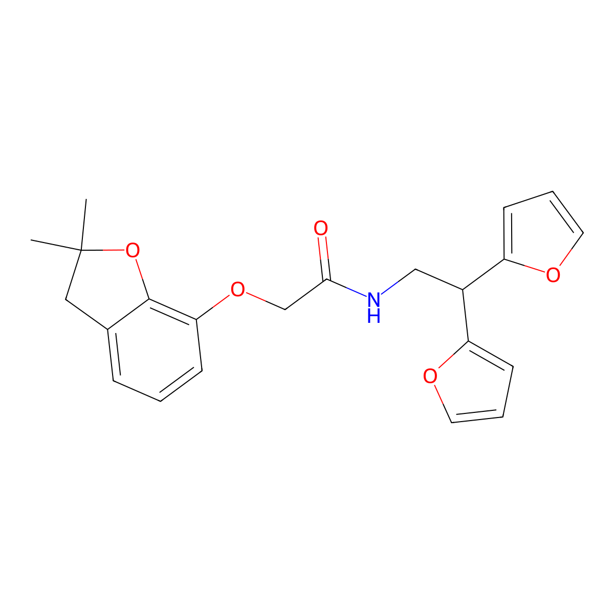 N-(2,2-di(furan-2-yl)ethyl)-2-((2,2-dimethyl-2,3-dihydrobenzofuran-7-yl)oxy)acetamide molecular structure, CAS 2320721-95-5
