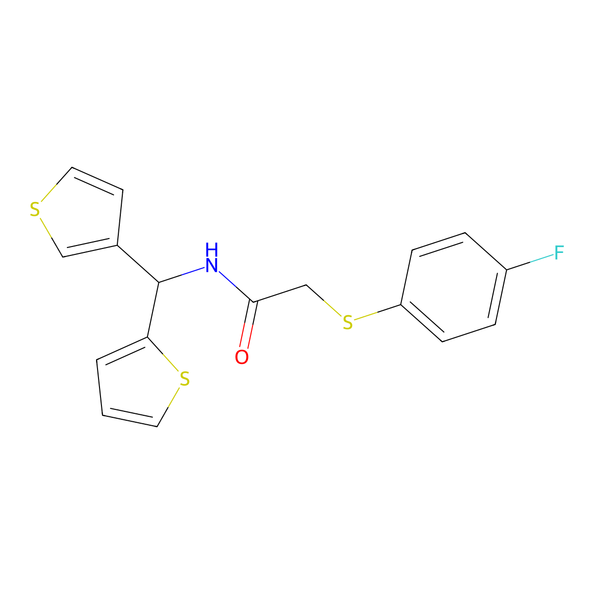 2-((4-fluorophenyl)thio)-N-(thiophen-2-yl(thiophen-3-yl)methyl)acetamide molecular structure, CAS 2320722-25-4