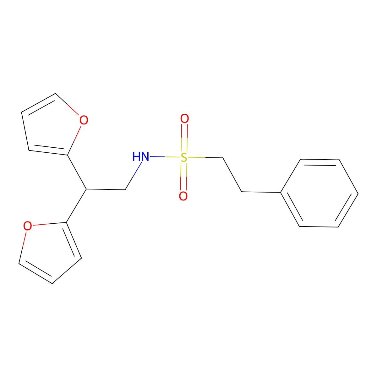 N-(2,2-di(furan-2-yl)ethyl)-2-phenylethane-1-sulfonamide molecular structure, CAS 2320722-42-5