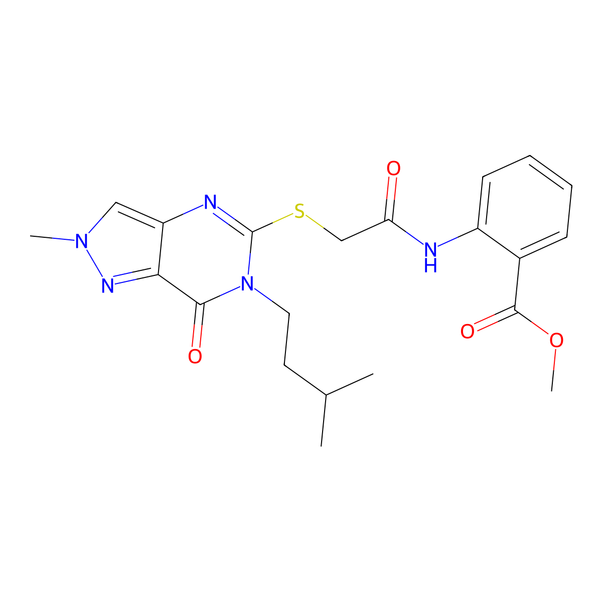 methyl 2-(2-{[2-methyl-6-(3-methylbutyl)-7-oxo-2H,6H,7H-pyrazolo[4,3-d]pyrimidin-5-yl]sulfanyl}acetamido)benzoate molecular structure, CAS 2320722-49-2