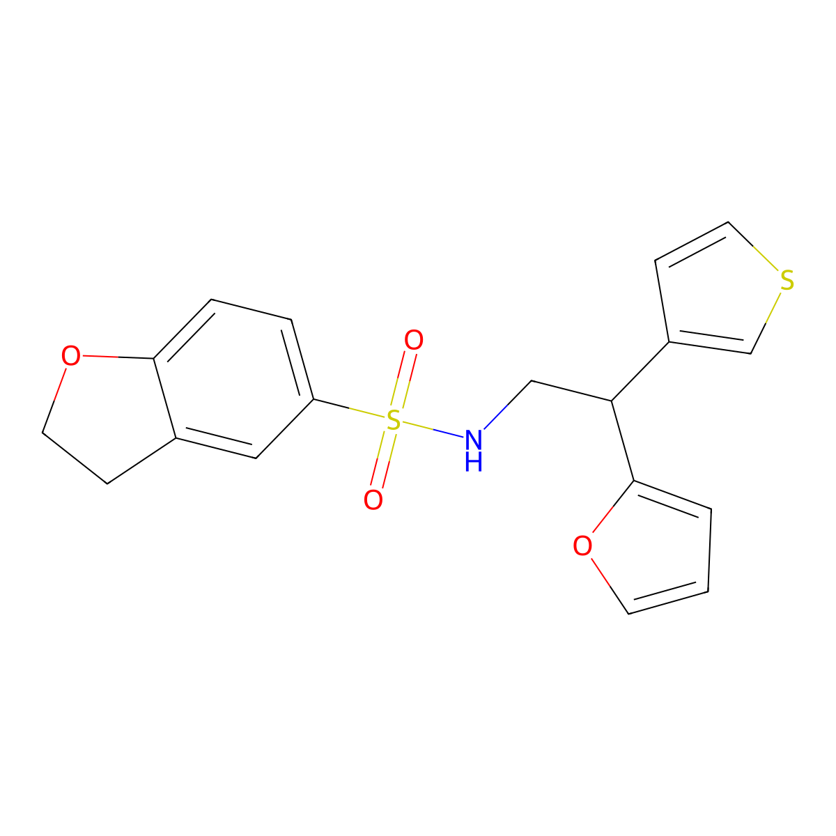 N-(2-(furan-2-yl)-2-(thiophen-3-yl)ethyl)-2,3-dihydrobenzofuran-5-sulfonamide molecular structure, CAS 2320722-64-1