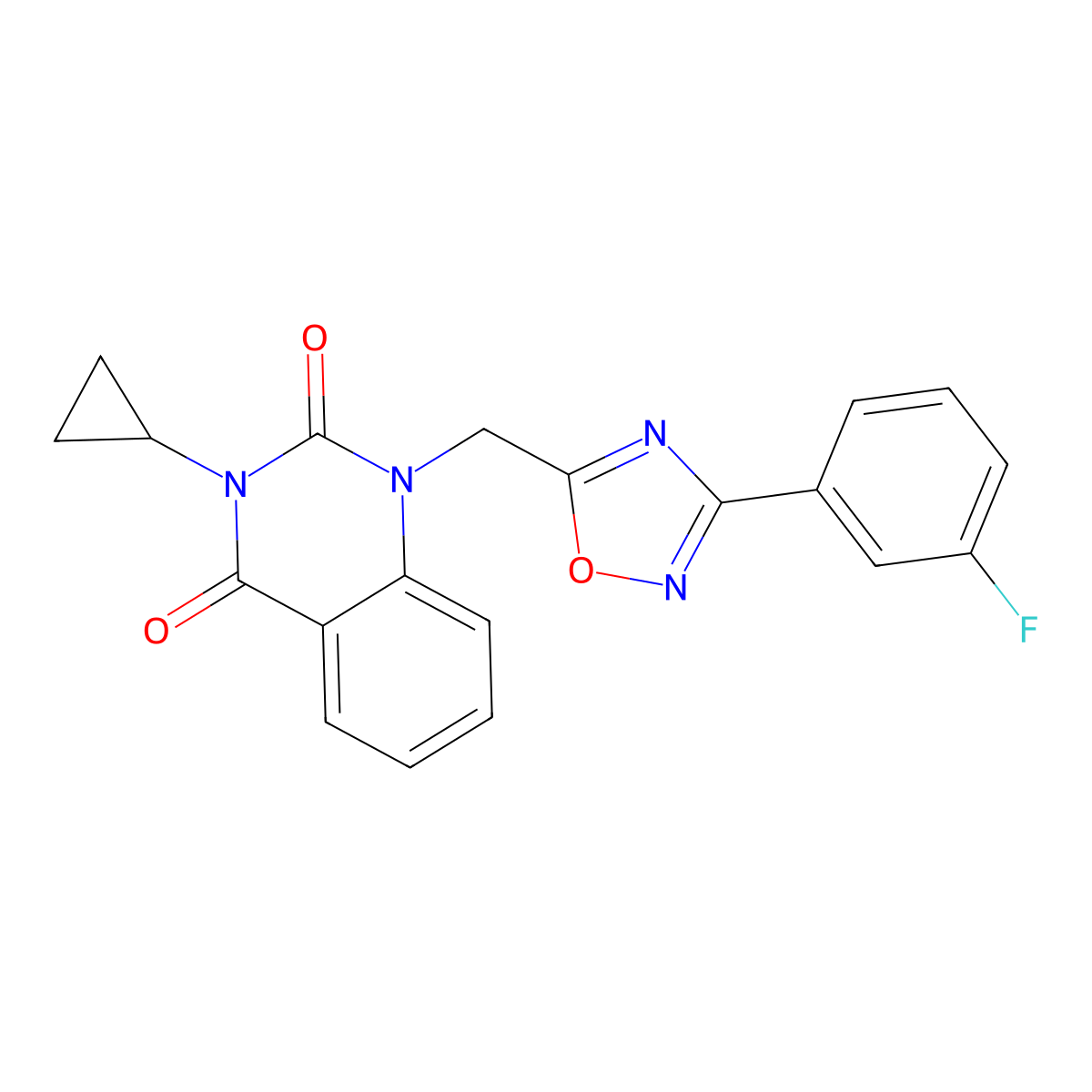 3-cyclopropyl-1-((3-(3-fluorophenyl)-1,2,4-oxadiazol-5-yl)methyl)quinazoline-2,4(1H,3H)-dione molecular structure, CAS 2320722-78-7