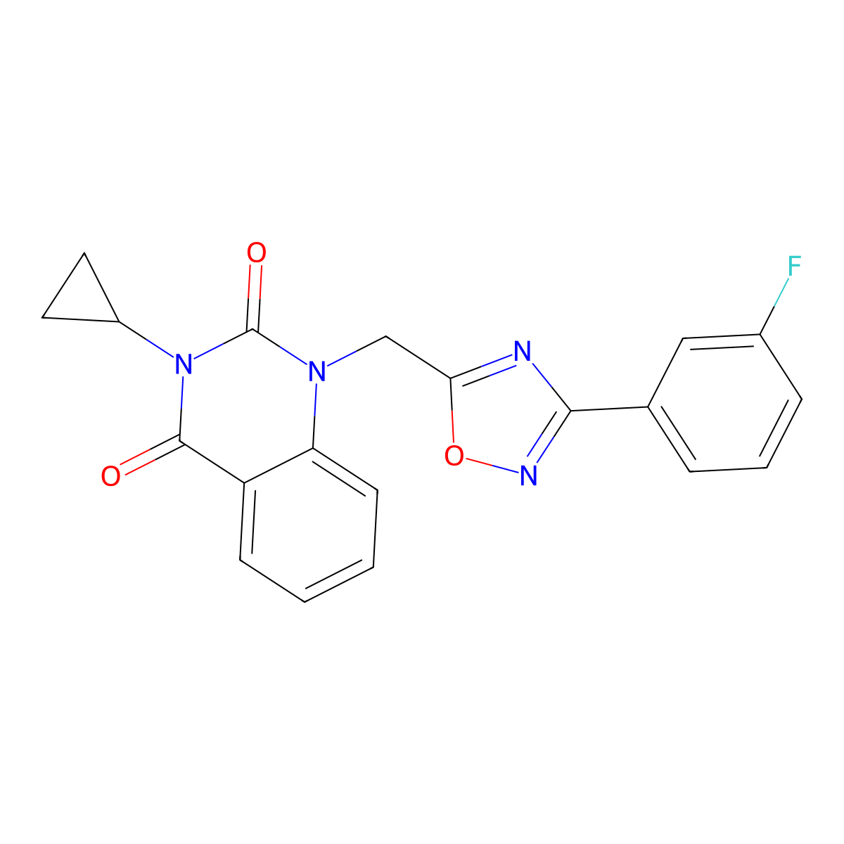 3-cyclopropyl-1-((3-(3-fluorophenyl)-1,2,4-oxadiazol-5-yl)methyl)quinazoline-2,4(1H,3H)-dione molecular structure, CAS 2320722-78-7