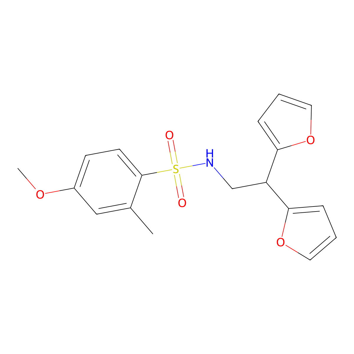 N-(2,2-di(furan-2-yl)ethyl)-4-methoxy-2-methylbenzenesulfonamide molecular structure, CAS 2320722-88-9