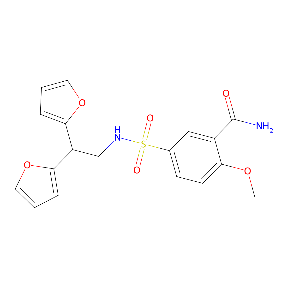 5-(N-(2,2-di(furan-2-yl)ethyl)sulfamoyl)-2-methoxybenzamide molecular structure, CAS 2320723-07-5