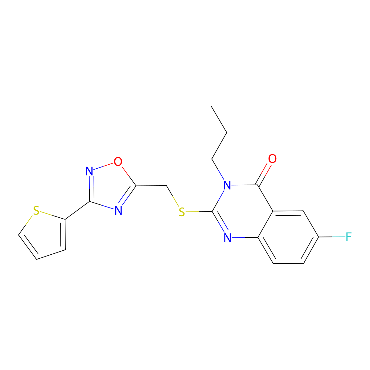 6-fluoro-3-propyl-2-(((3-(thiophen-2-yl)-1,2,4-oxadiazol-5-yl)methyl)thio)quinazolin-4(3H)-one molecular structure, CAS 2320723-58-6