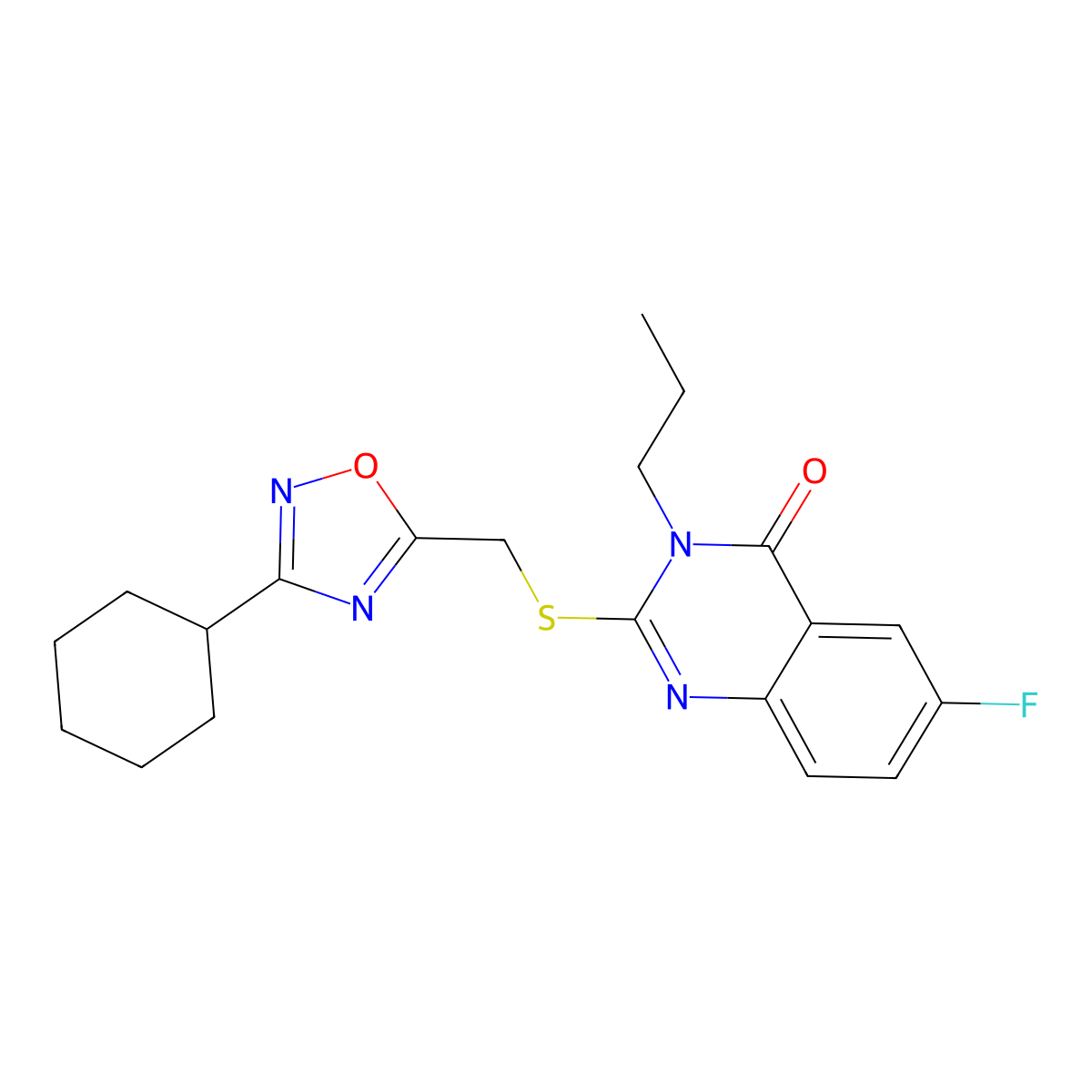 2-{[(3-Cyclohexyl-1,2,4-oxadiazol-5-yl)methyl]sulfanyl}-6-fluoro-3-propyl-3,4-dihydroquinazolin-4-one molecular structure, CAS 2320725-38-8