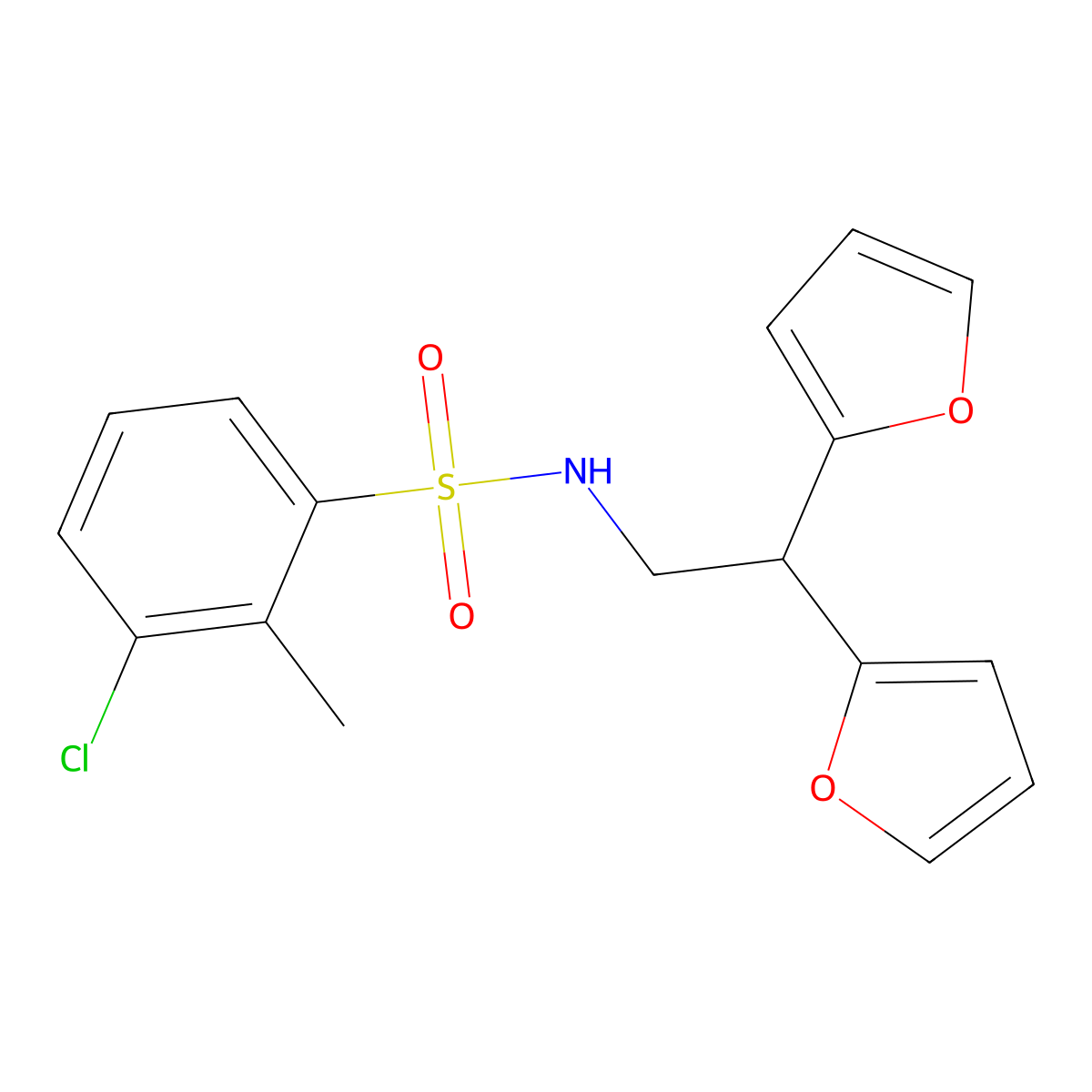 3-chloro-N-(2,2-di(furan-2-yl)ethyl)-2-methylbenzenesulfonamide molecular structure, CAS 2320726-06-3