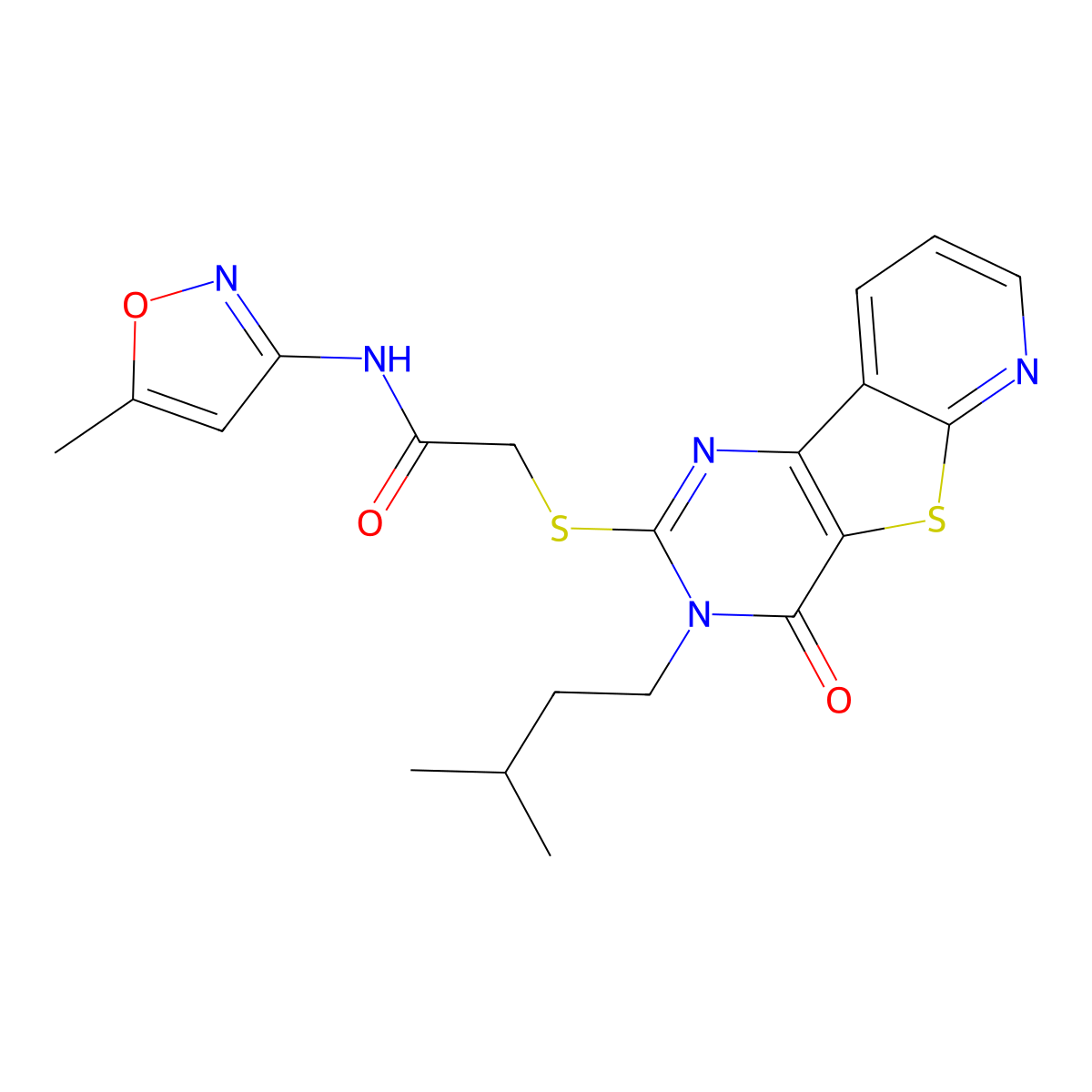2-((3-isopentyl-4-oxo-3,4-dihydropyrido[3',2':4,5]thieno[3,2-d]pyrimidin-2-yl)thio)-N-(5-methylisoxazol-3-yl)acetamide molecular structure, CAS 2320726-09-6