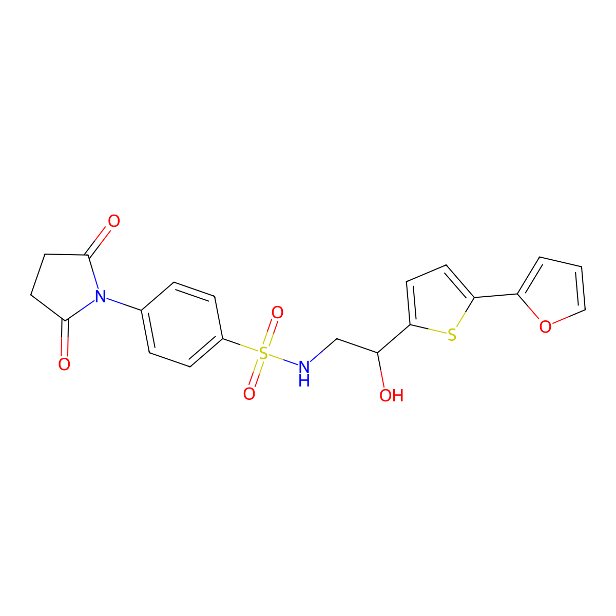 4-(2,5-dioxopyrrolidin-1-yl)-N-{2-[5-(furan-2-yl)thiophen-2-yl]-2-hydroxyethyl}benzene-1-sulfonamide molecular structure, CAS 2320726-22-3