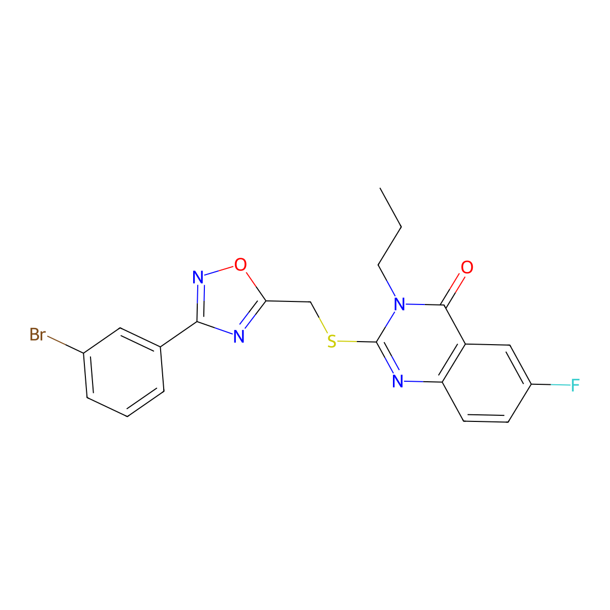 2-(((3-(3-bromophenyl)-1,2,4-oxadiazol-5-yl)methyl)thio)-6-fluoro-3-propylquinazolin-4(3H)-one molecular structure, CAS 2320727-49-7